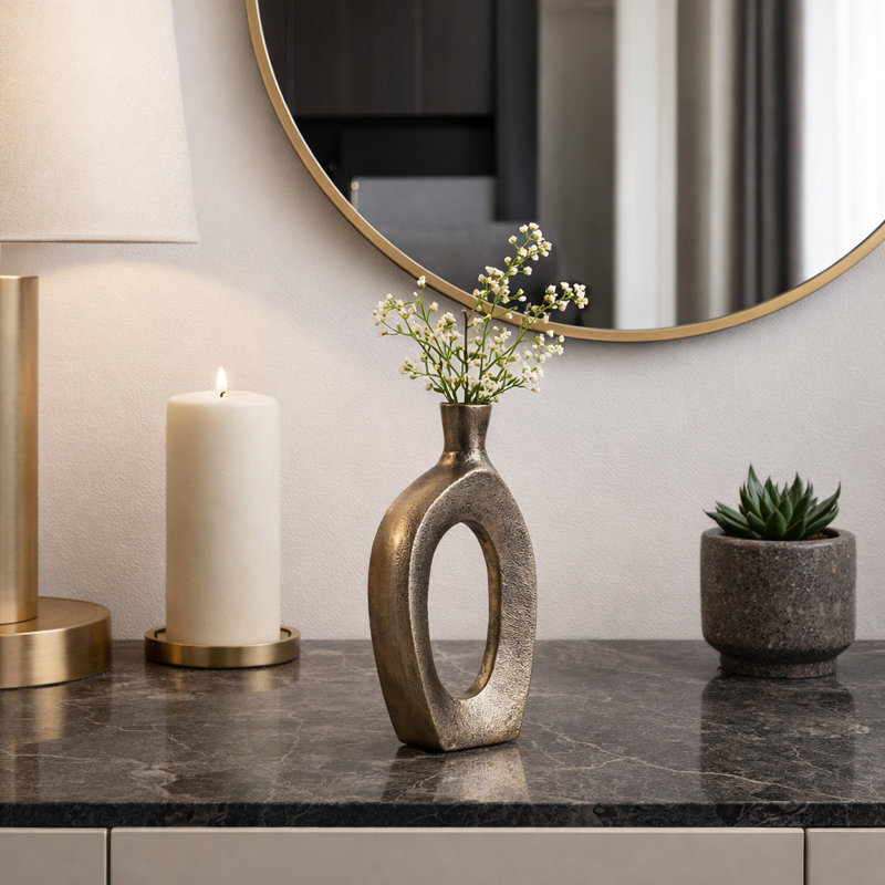 Vase moderne en métal à découpes pour décoration intérieure - Grand vase à fleurs pour table basse, décoration de cheminée ou tablette - 8 po, doré