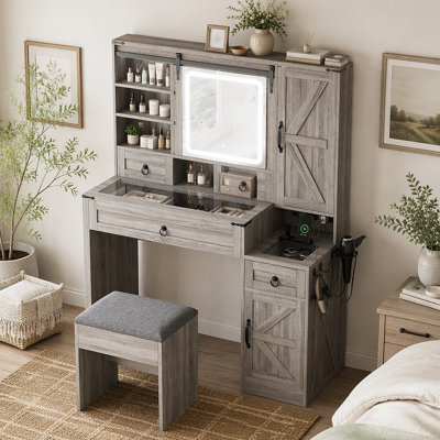 Bureau de coiffeuse avec miroir coulissant et lumières Farmhouse, ensemble de coiffeuse avec plateau en verre et station de charge, coiffeuse avec 4 tiroirs et 2 armoires, coiffeuse avec tabouret pour chambre à coucher
