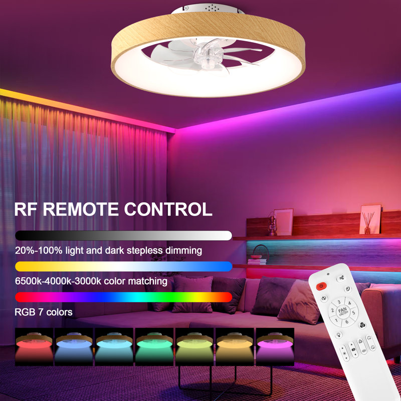 20'' Modern Flush Mount Ceiling Fans with Lights and Remote, Dimmable LED and RGB, 6-speed Low Profile Ceiling Fan