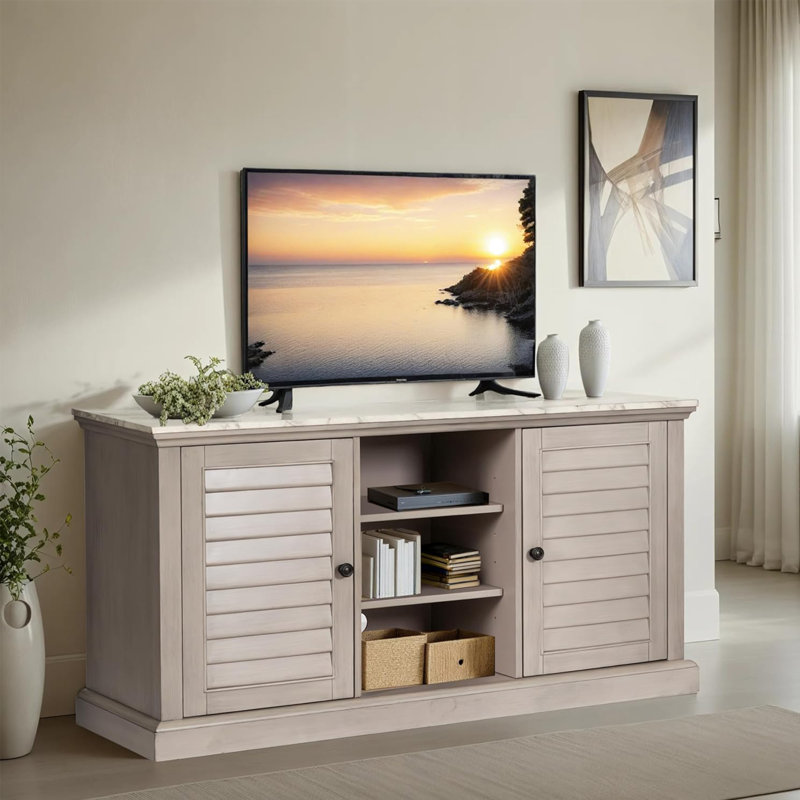 Faux White Marble TV Stand, 52" With Shutter-Style Cabinets