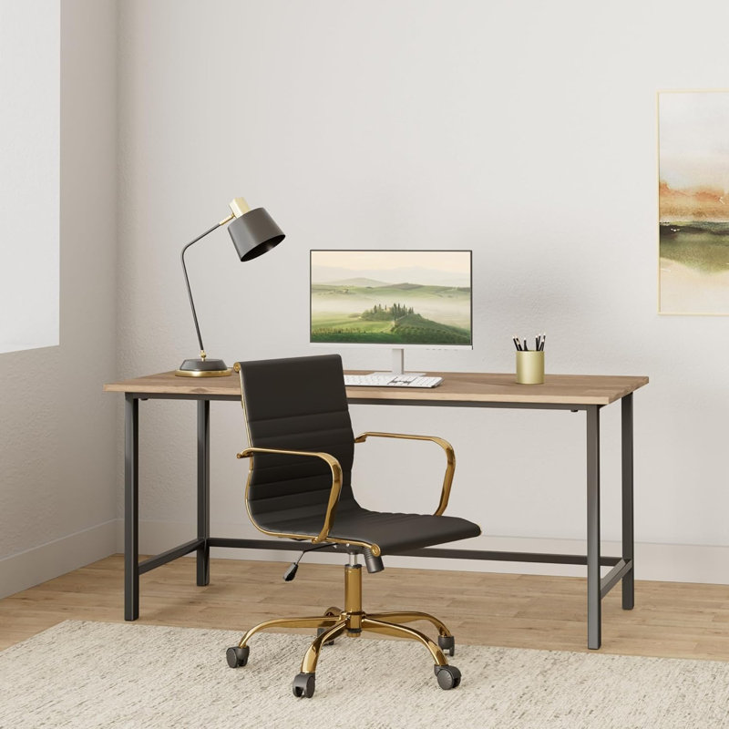 Chaise de bureau Toni à dossier bas avec structure dorée, Noir, noir, noir, noir