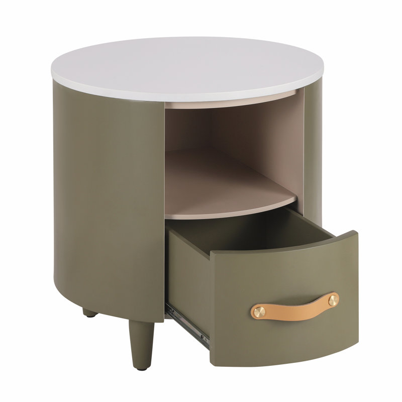 Table de bout ronde contemporaine avec tiroir et rangement ouvert, Vert
