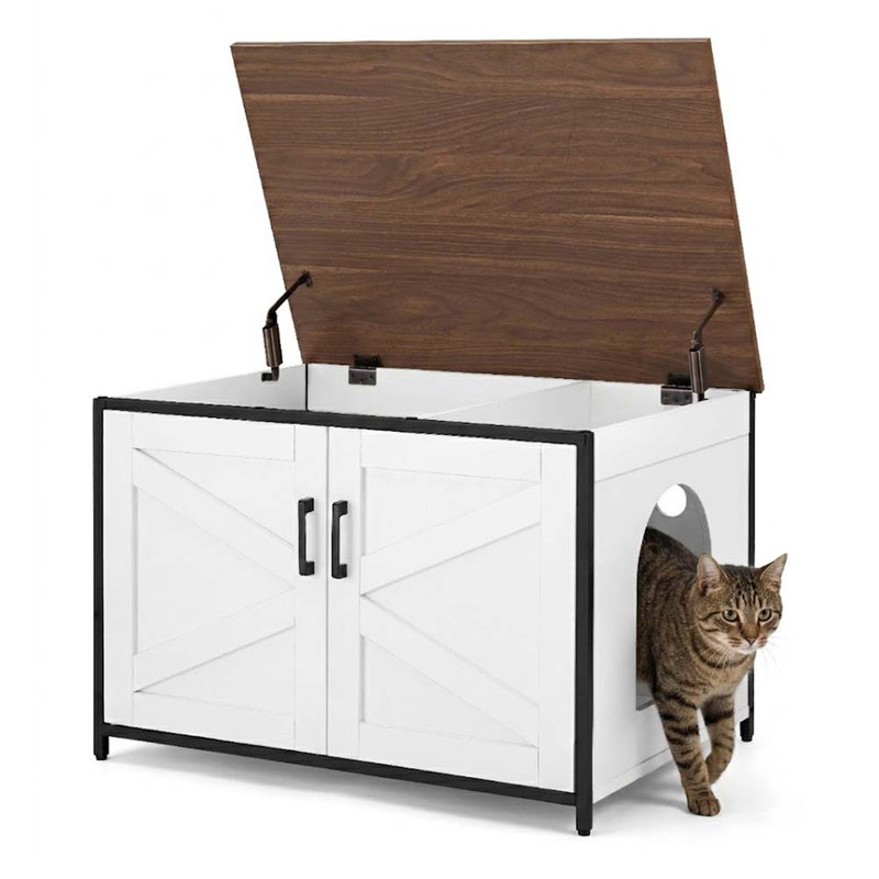 Azi Litter Box Enclosure, White/Walnut, 21" H x 31.5" W x 21.7" D
