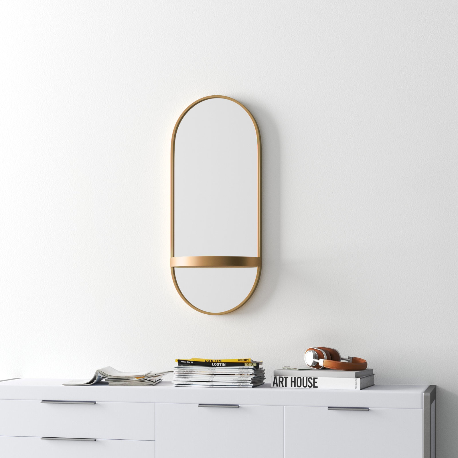 Lumi Metal Flat Mirror with Shelves, Gold, 38" H x 16" W