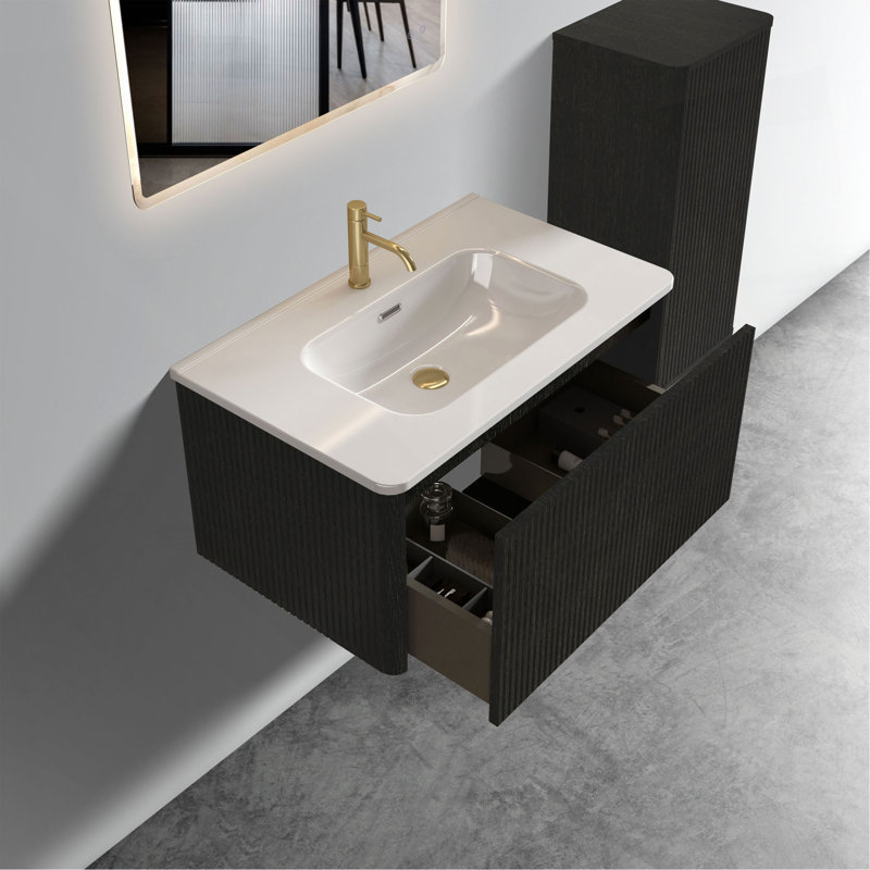 Meuble-lavabo flottant rayé en chêne noir brossé de 30 po avec lavabo en céramique blanche Etna, 30", Noir