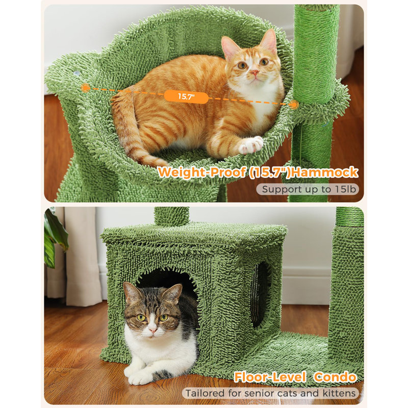 40'' Green Cactus Cat Tree with Hammock and Condo