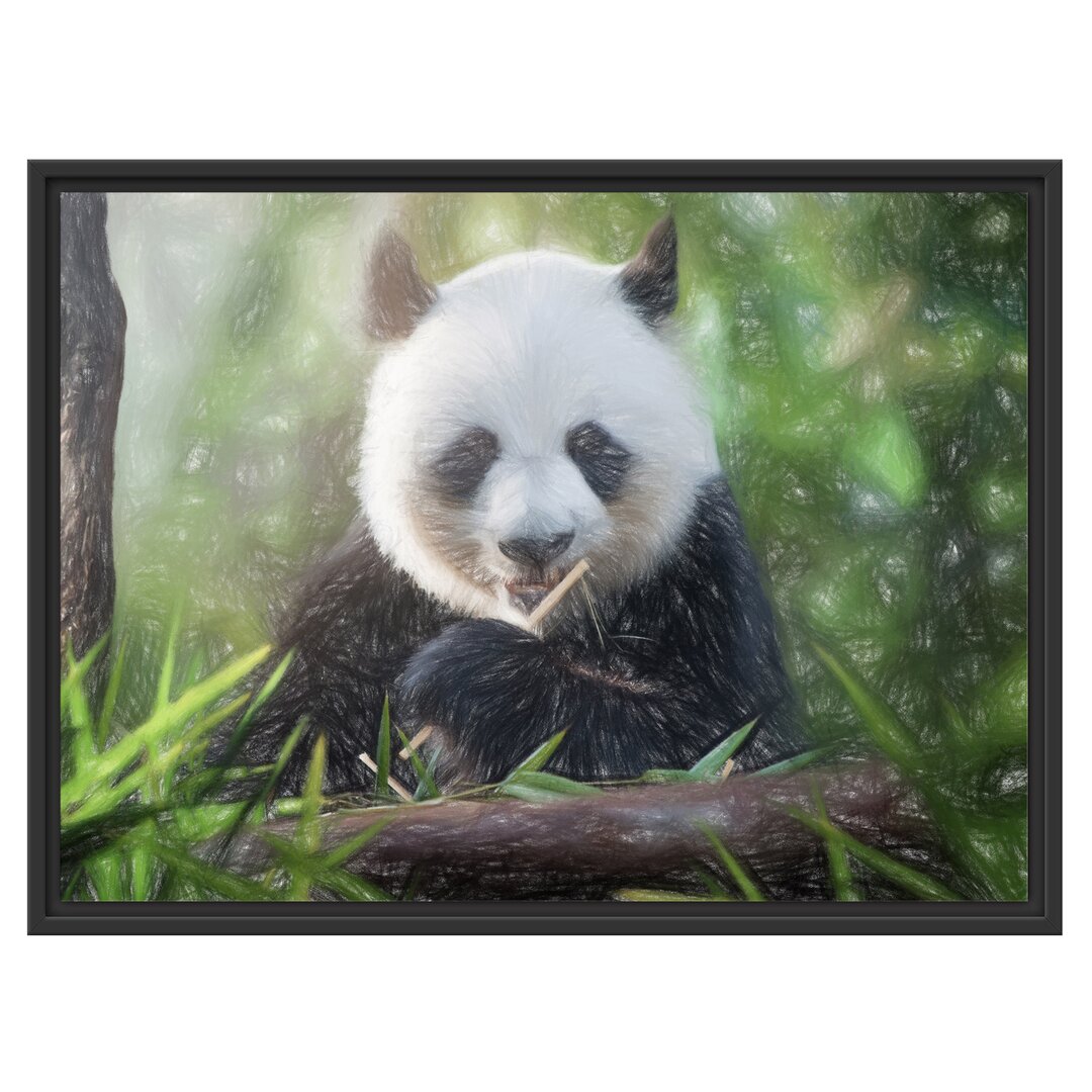 Gerahmtes Wandbild Niedlicher Panda isst Bambus