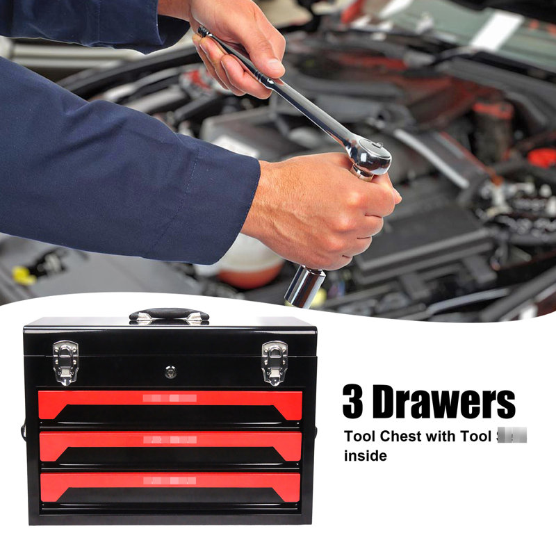 Boîte à outils 20 po 3 en acier avec outils, noir et rouge, et métal, plateau de rangement supérieur, poignée de transport pour le garage, la maison, outils portatifs d'établi, noir rouge, matériau robuste, glissière à roulement, multiple