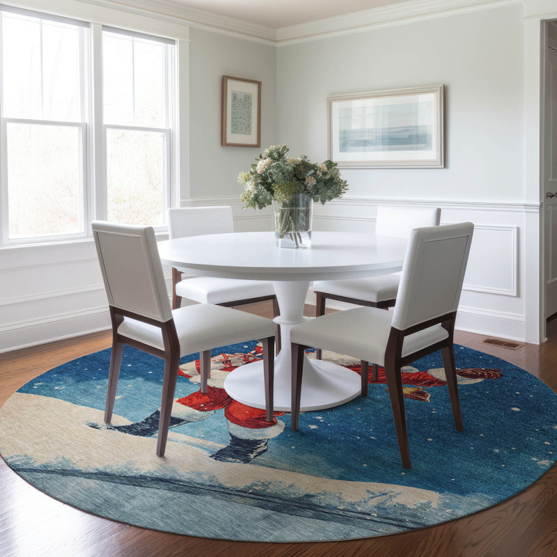 Machine Washable Indoor/Outdoor Santa Claus Xhevrie Blue Rug, Round 8'