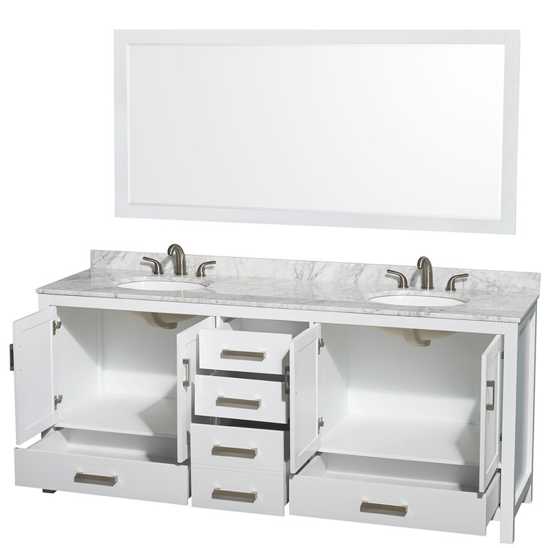 Sheffield 80" Freestanding Double Bathroom Vanity with Marble Top with 70" Mirror, White Carrara Marble
