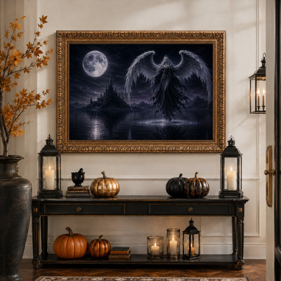 Femme ailée au-dessus d'un château sombre sous la pleine lune - Toile murale d'Halloween
