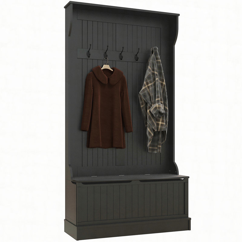 3-In-1 Entryway Hall Tree With Storage Bench,Coat Rack With Five Hooks And Shoe Storage, Black