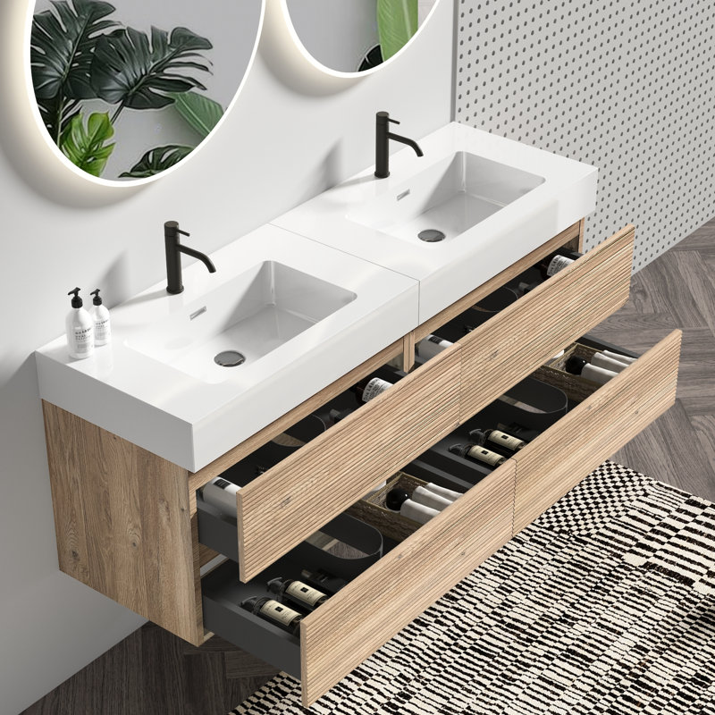Meuble-lavabo mural flottant 60 po avec lavabo à quartz blanc, tiroirs en chêne brut, couleur noyer, poignée cachée, charnières de tiroir à fermeture en douceur, meuble-lavabo à finition eau de qualité E0, meuble-lavabo double Mid-Century