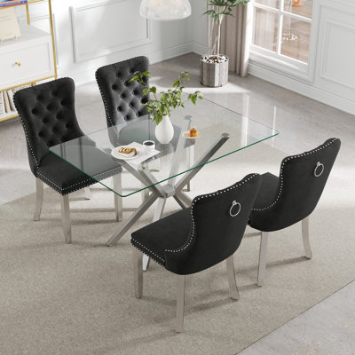 Ensemble de table de salle à manger rectangulaire moderne en verre trempé, table de salle à manger transparente avec chaise en velours