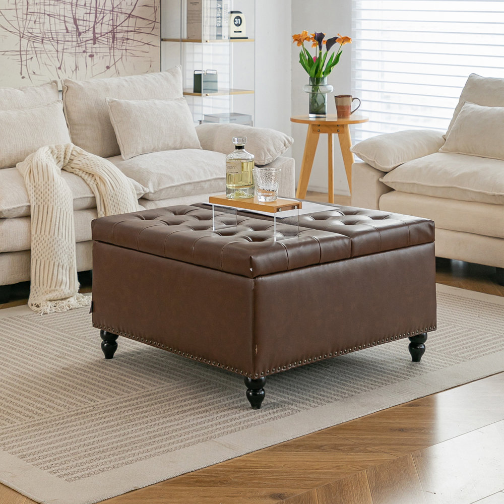 81.5cm Wide Faux Leather Tufted Square Cocktail Ottoman with Storage