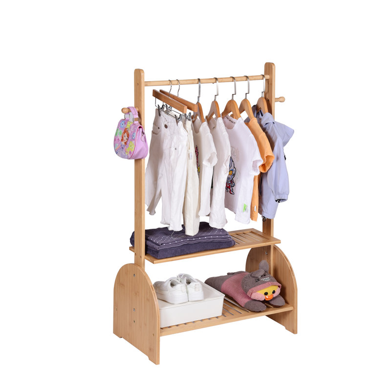 Portant en bambou pour enfants avec tringles réglables et 2 tablettes inférieures