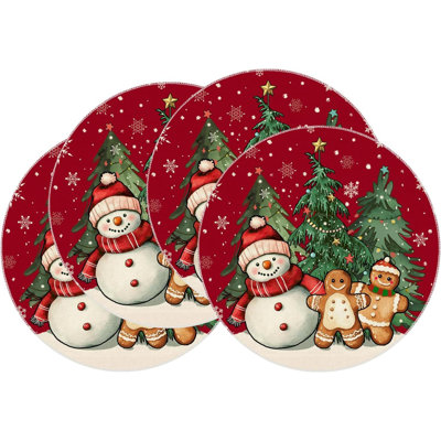 Hiver bonhomme de neige bonhomme de pain d'épice, arbre de Noël, ensemble de napperons ronds, ensemble de 4 napperons décoratifs