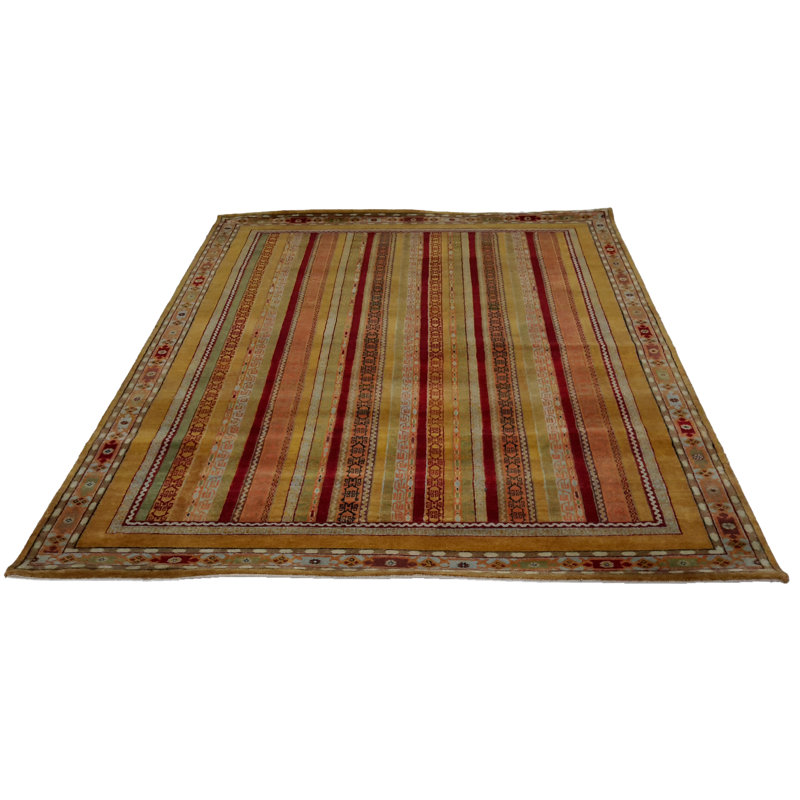 Hand Made all over Casual Indo Indo 100% Wool on Cotton Beige/Yellow/Green/Orange - 5'9''X8', Rectangle 5'9'' x 8'