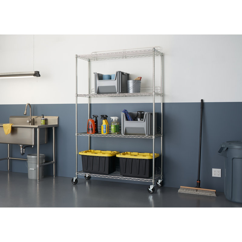 Adjustable Silver Steel 4-Tier Wire Shelving Unit with Wheels