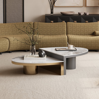 51" Oval Coffee Table: Modern Luxury Sintered Stone Top & Metal Base, Two-Tone Durable Design