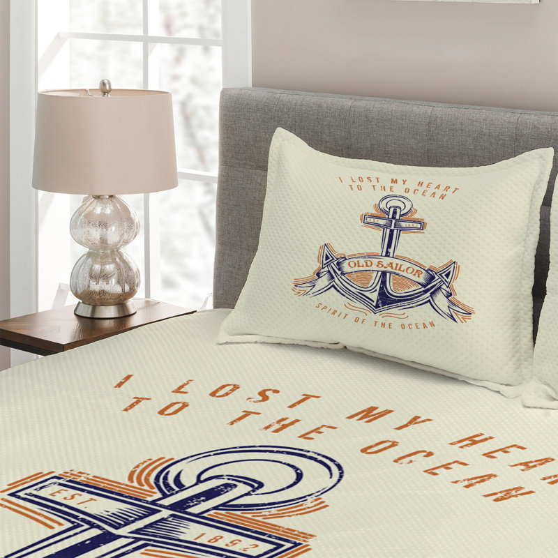 White Quilted Microfiber King Bedspread Set with Anchor Design