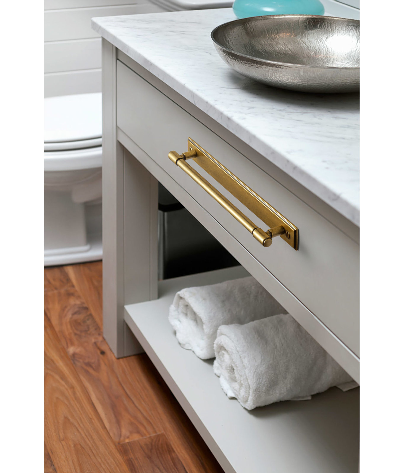 Bar Cabinet Pull with Backplate, Antique Brass, 7 5/8"