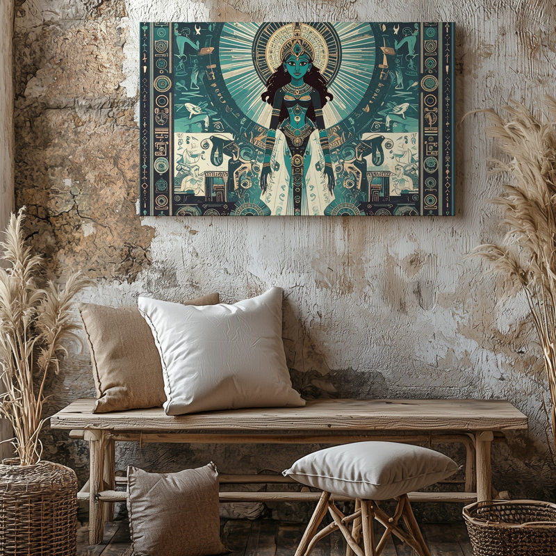 Toile, art mural, sarcelle, mandala, déesse, symbolisme égyptien moderne, H 9 po x l 12 po