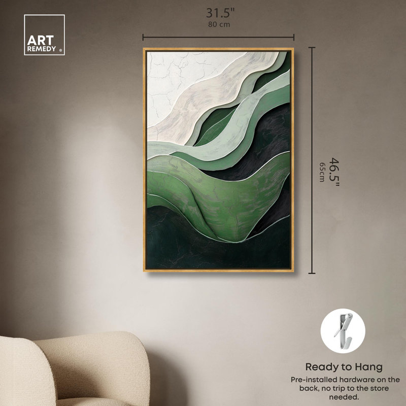 «Green Echoes I», art abstrait vert, Cadre doré, H 46 po x l 31 po