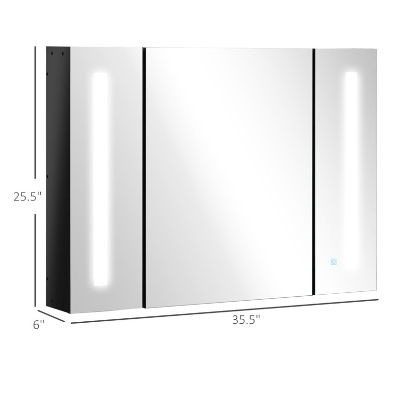 Armoire de salle de bain murale l 35,5 po x H 25,5 po, miroir, 3 armoires, éclairage à DEL, charge, miroir noir avec et