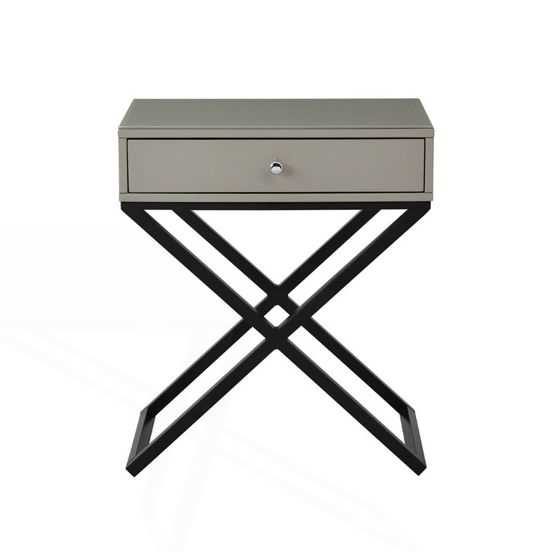 Table d'appoint, table de chevet avec plateau en verre, tiroir et base en métal, Taupe
