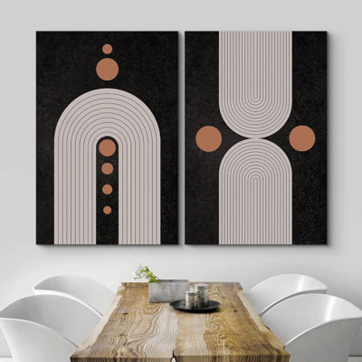 Reproduction de formes abstraites de style Mid-Century moderne boho noir et brun sur fond de cercle géométrique sur toile, 2 pièces