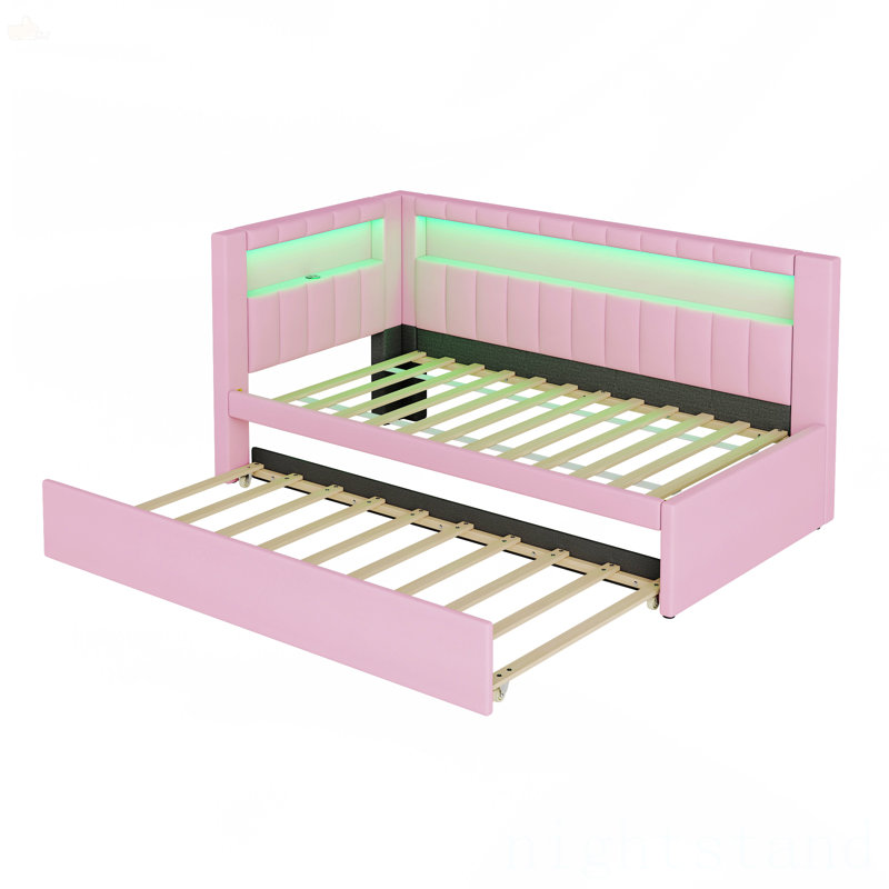 Lit plateforme tapissier simple avec ports USB et ceinture à DEL, Simple, Rose