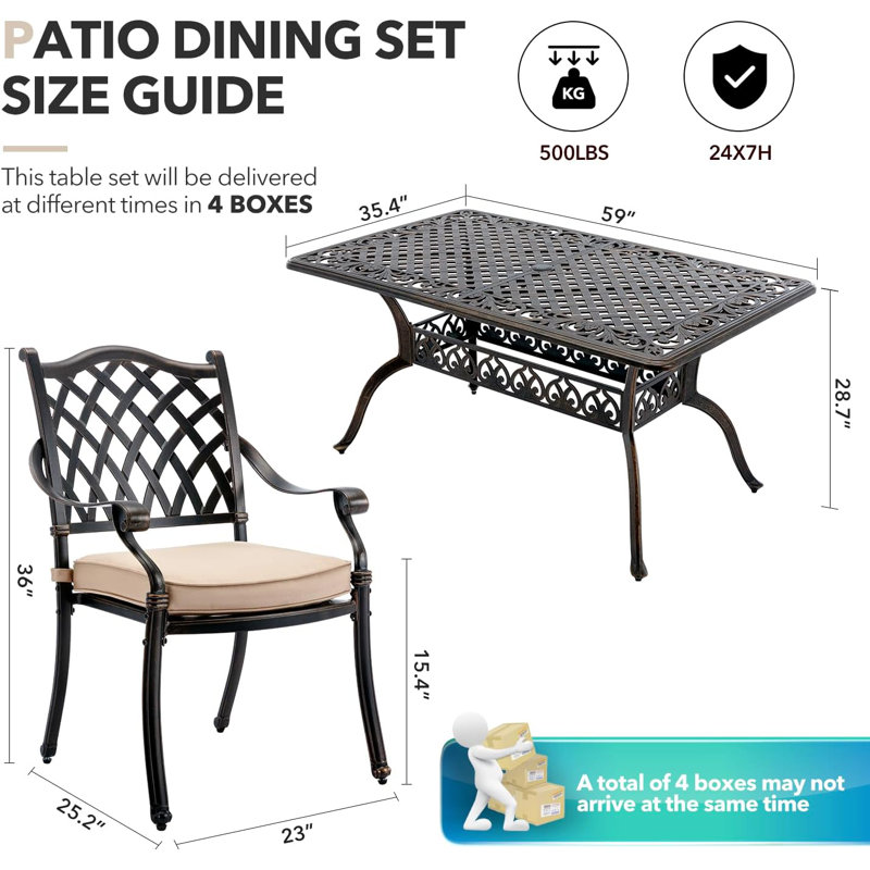 ?? ?????????? Outdoor Dining Set Cast Aluminum Retro Patio Dining Set For 6 Includes 59” Rectangular Table And 6 Chairs With Thicker Cushion And Umbrella Hole For Patio Deck Garden