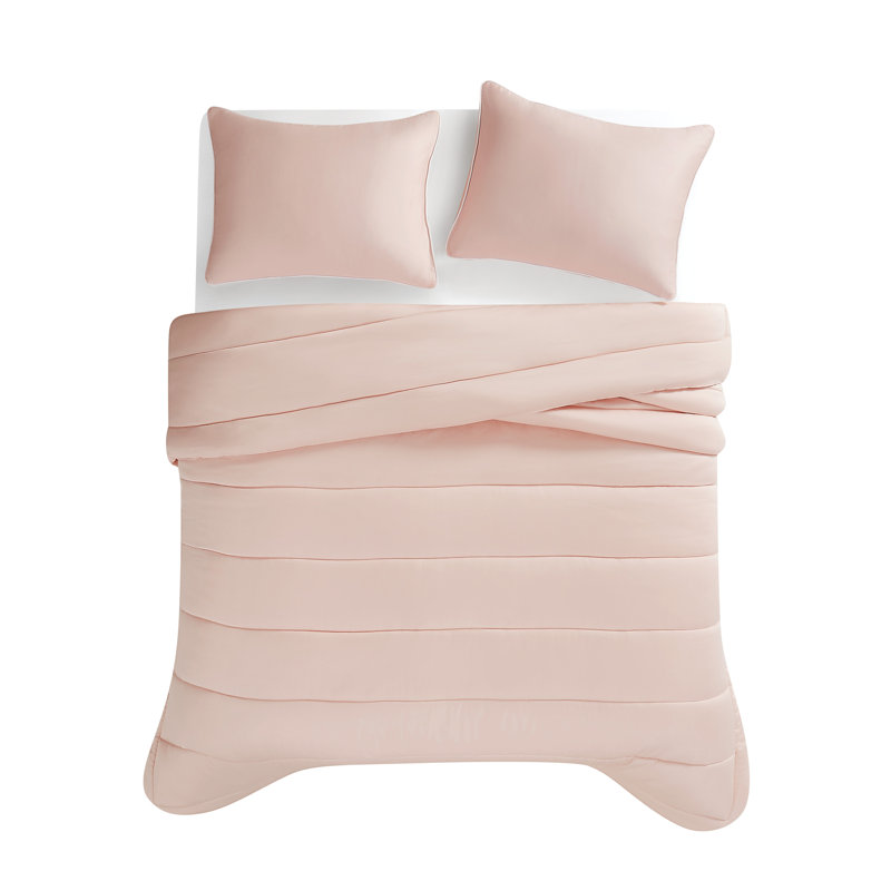 Ensemble d'édredon en satin de coton 2 pièces Christian Siriano NY, Édredon pour très grand lit + 2 très grandes ta, Rosé