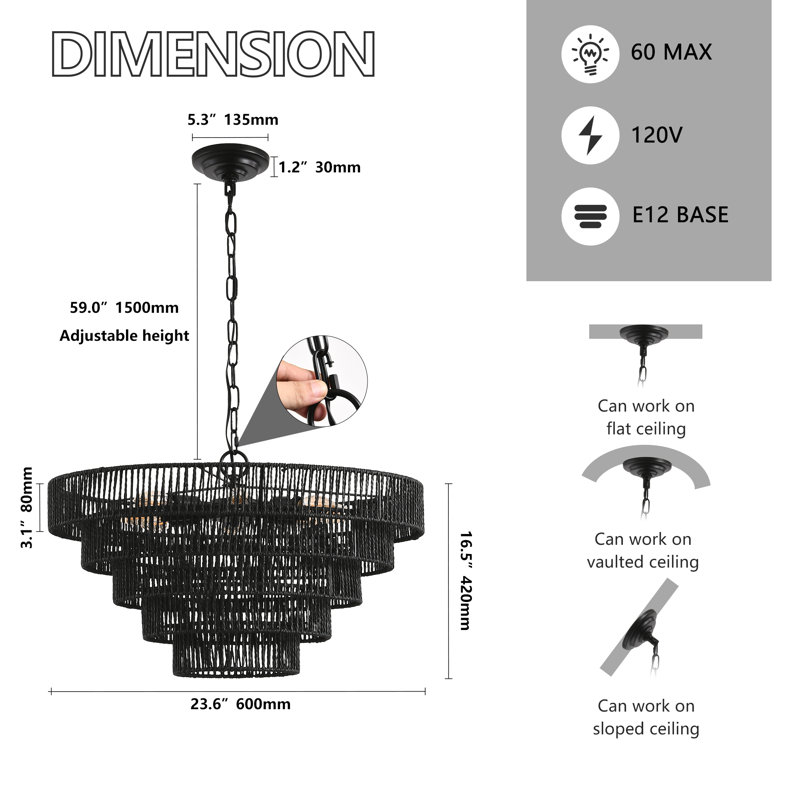 Jonas 5-Tier Woven Rope Pendant Chandelier with Adjustable Height (Bulb Not Included)