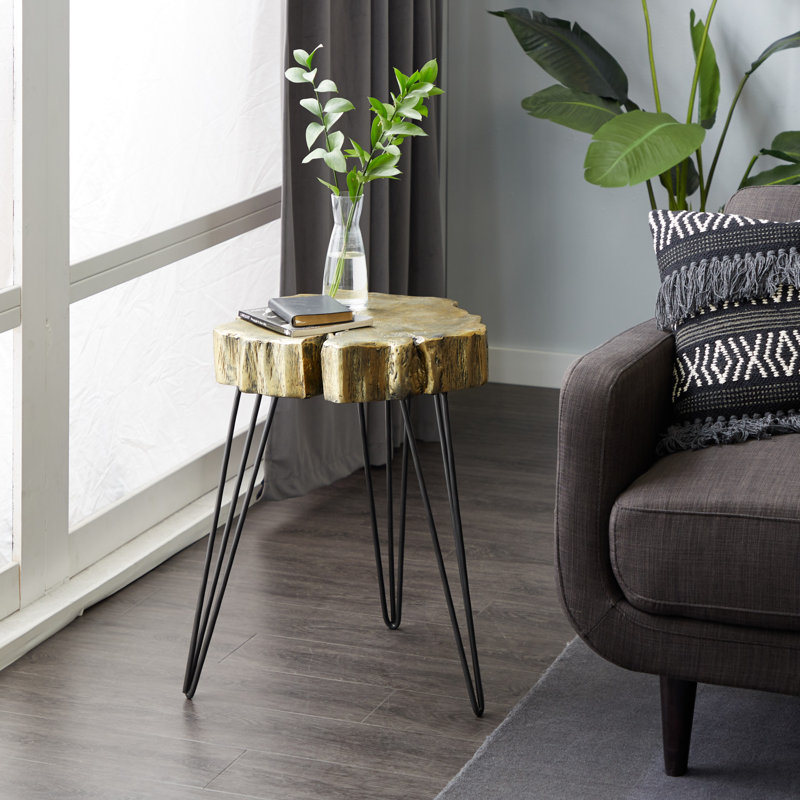 Calne Polystone Tree Trunk Side End Accent Table with Black Hairpin Legs, Gold