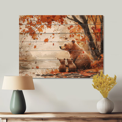 Mother Bear With Cubs In Autumn I - Bear Wood Wall Art - On Natural Pine Wood