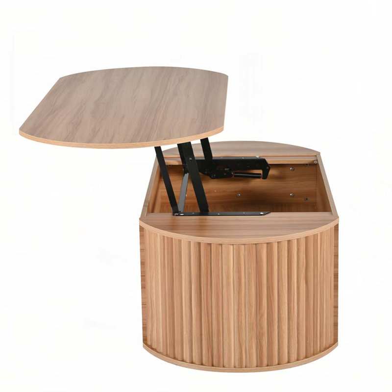Coffee Table With Hydraulic Lift Mechanism, Hidden Compartment And Wavy Grooves Design, Light Brown