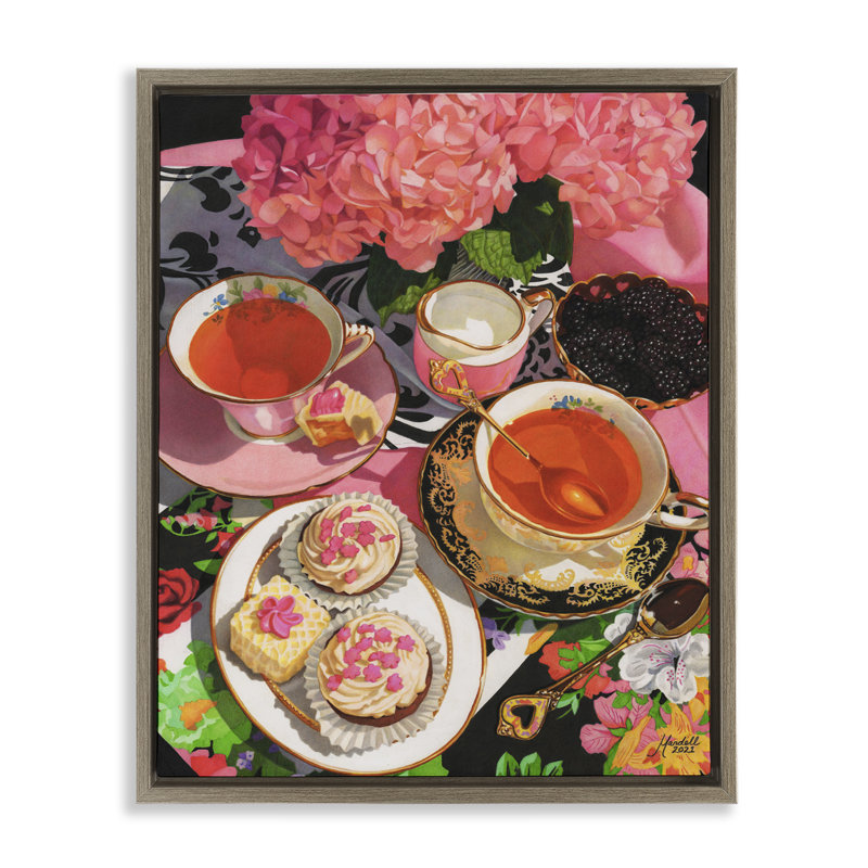 «Pink Hydrangea Tea Party», art mural encadré par Mardell Schuster, Cadre flottant orme Montalcino, H 31 po x l 25 po
