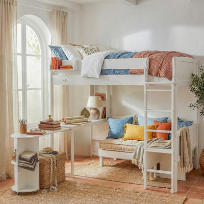 Full Size Wood Loft Bed with Desk, Storage Shelf, Sofa & Light, White