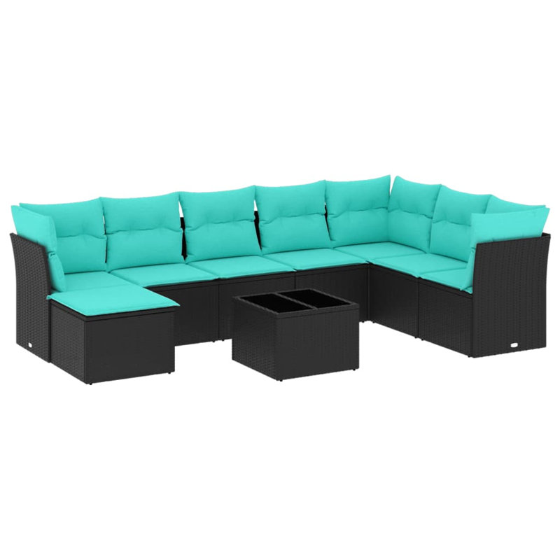 Ensemble de canapé de patio 9 pièces avec coussins en rotin de polyester, Bleu clair, Noir