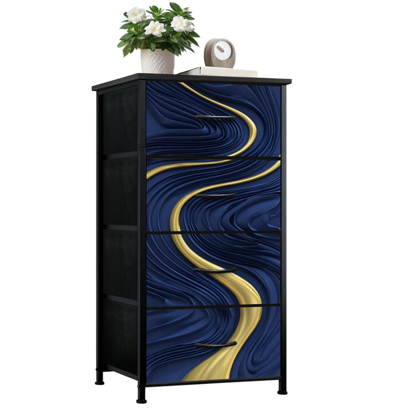 Commode à 4 tiroirs avec rangement vertical en marbre bleu de luxe et abstrait bleu océan Indigo marbré avec tiroirs en bois