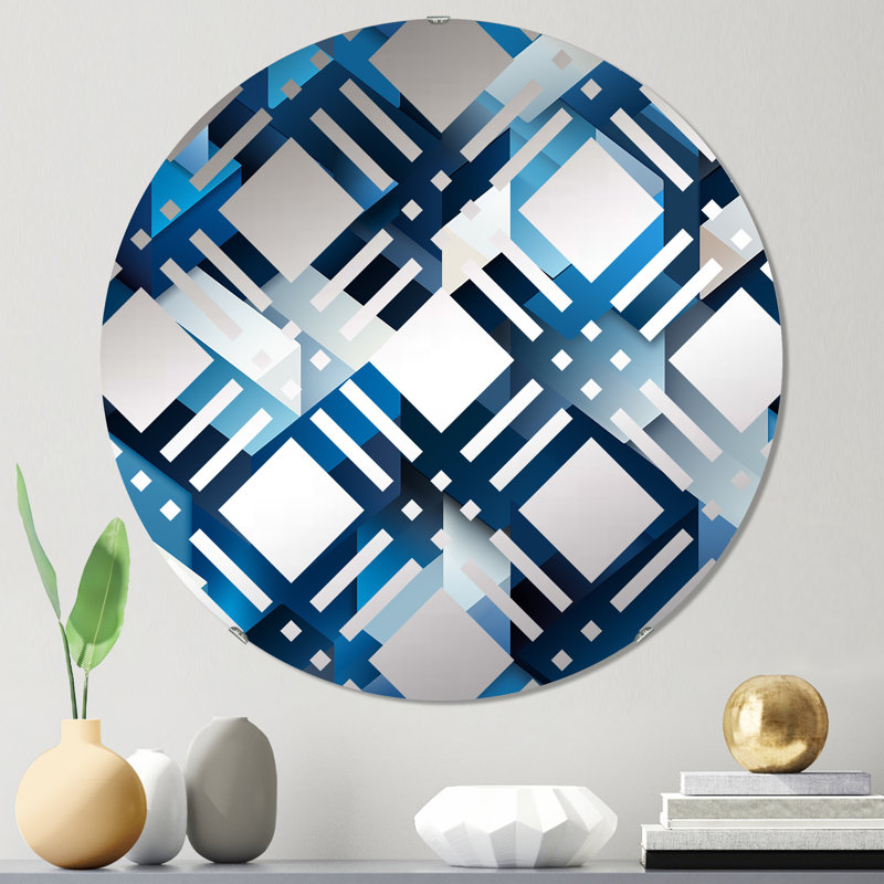 Polygones géométriques minimalistes blancs et bleus II - Cercle de miroir décoratif à carreaux, 23,6 po x 23,6 po
