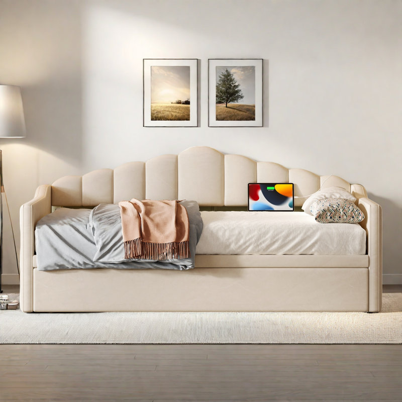 Upholstered Daybed With Pop Up Trundle, Charging Ports, 2 Side Pockets And Curved Backrest Design, Beige