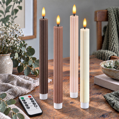 WYZworks Coordinated Chocolatey Mocha Brown 4 Pack Set, 10" LED Flameless Fluted Ribbed Grooved Taper Candles, Remote & Timer Memory, On/Off Button, Dimmable, Battery Operated, Menorah Wedding