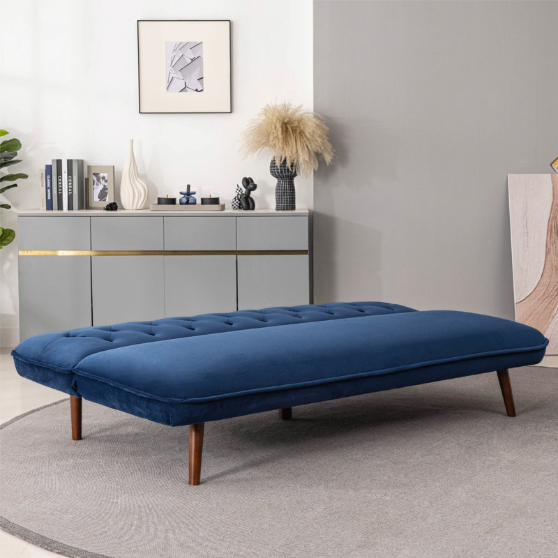 Jolee 70.4" Mid Century Modern Velvet Armless Convertible Futon, Twin Size, Blue