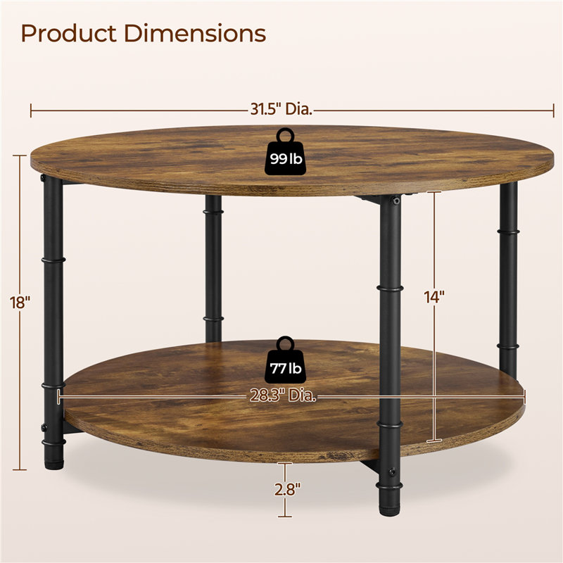 Table basse rustique ronde, H 18 po x L 31,5 po x l 31,5 po