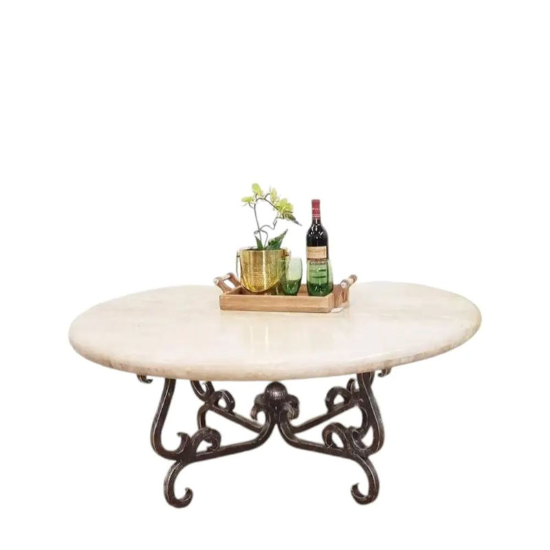 Cream Travertine Round Coffee Table – Natural Stone Top With Hand-forged Iron Base – Sophisticated Centerpiece For Indoors Or Patios