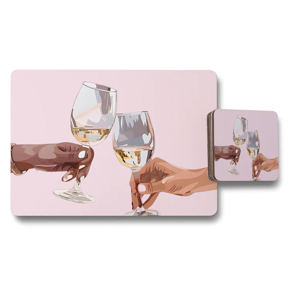 Wine Glass Toast Placemats And Coaster Set Pink Background