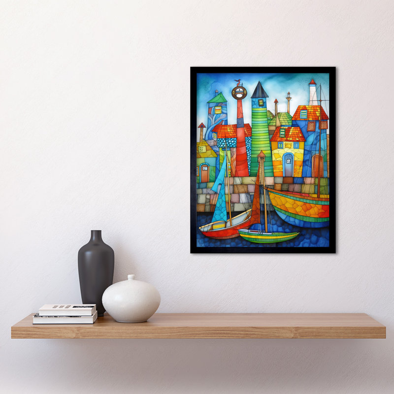 Fishing Village Folk Art Watercolour Painting Art Print Framed Poster Wall Decor 12x16 inch